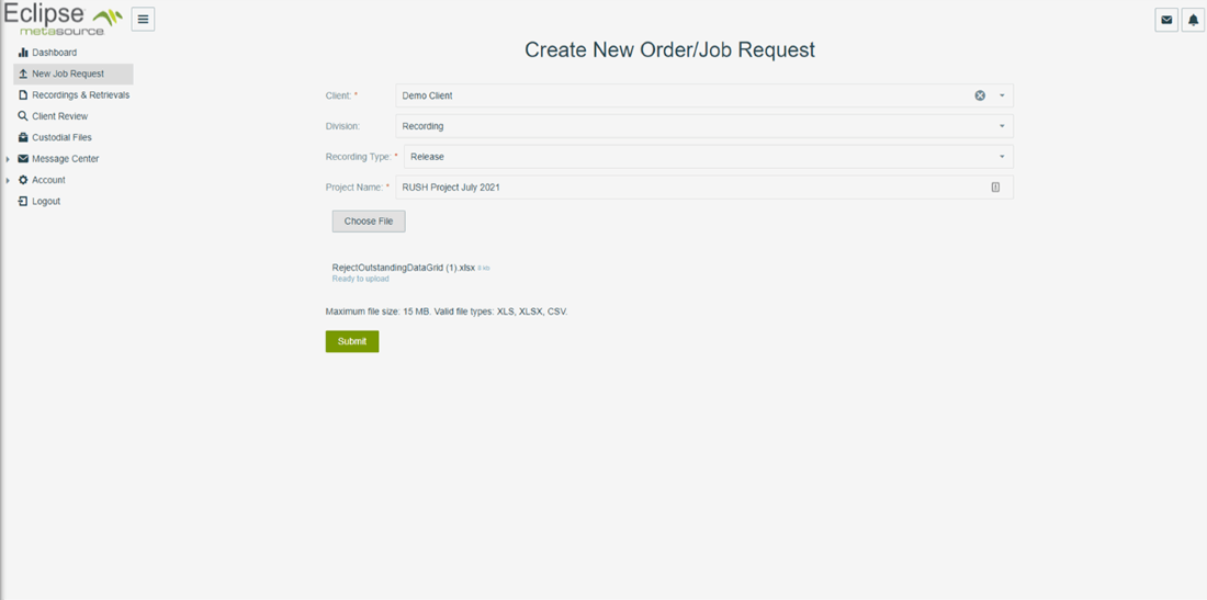 Screenshot of Eclipse's new order or job request page