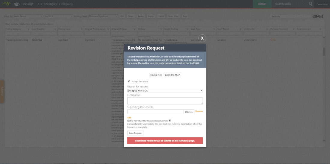 Screenshot of QLink's revision request pop-up window